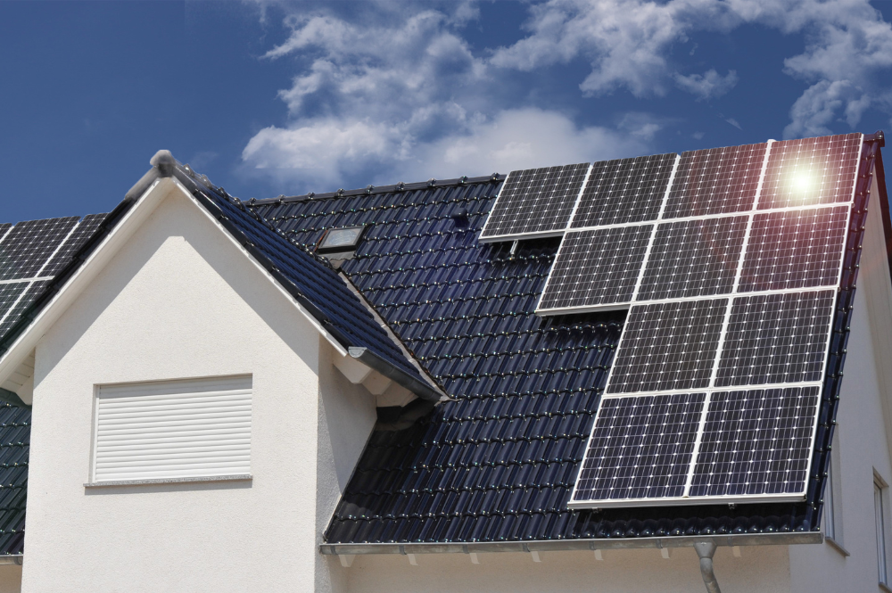 Solar panel roofing on the roof of a house in Virginia.