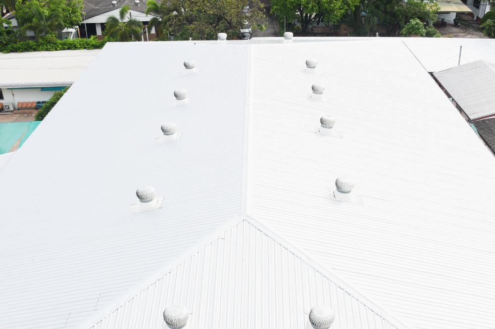 A roof illustrating a commercial roofing design focused on effective ventilation solutions.