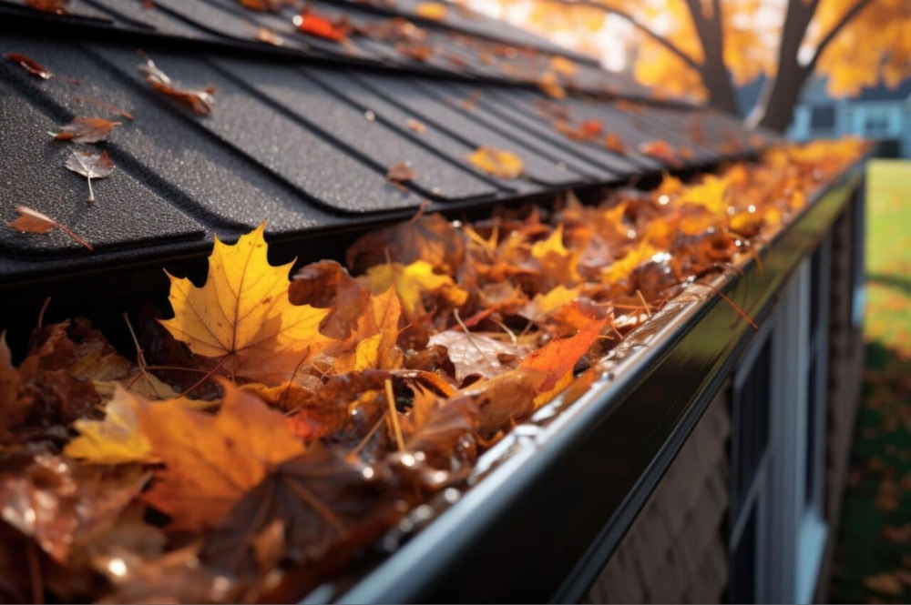 A gutter full of leaves, highlighting the importance of regular roof maintenance.